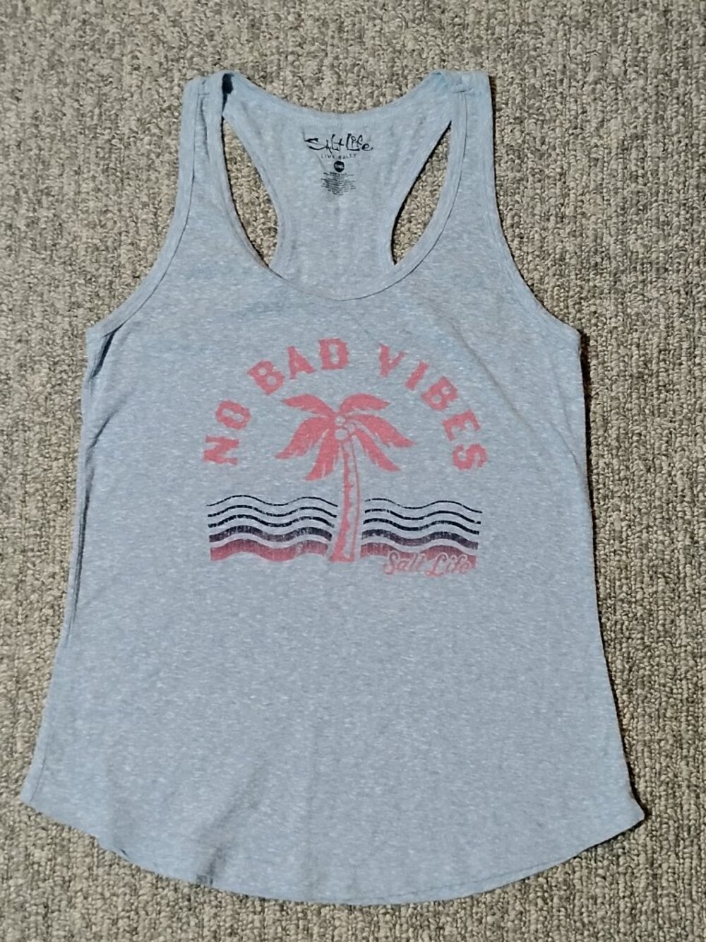 No Bad Vibes Salt Life race back tank top, light blue and pink, size small